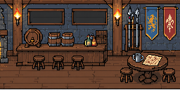 The tavern room from the app, drawn in pixel art with the bar, the hearth and the empty chairs